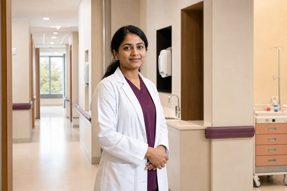 Representative female obstetrician in a women's hospital corridor